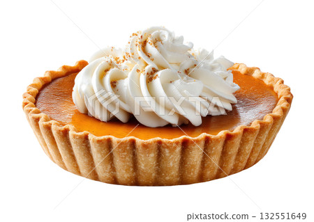 Delicious pumpkin pie topped with whipped cream, showcasing a golden crust and rich filling, perfect for autumn celebrations and festive gatherings. Isolated on transparent background. 132551649