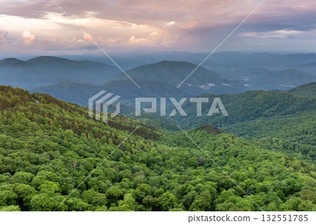 Morning forest in North Carolina Appalachian mountains, USA. American nature in summer season 132551785
