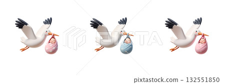 Playful 3d illustration of storks delivering newborn babies wrapped in pink and blue swaddles, floating against transparent background Playful 3d illustration of storks delivering newborn babies wrapped in pink and blue swaddles, floating against transparent background 132551850