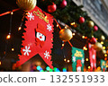 close-up of a Christmas decor with a picture of a snowman and an inscription Merry Christmas on the background of Christmas lights 132551933