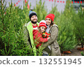 parents hold their little daughter in their arms with a Christmas present in their hands and smile against the backdrop of many Christmas trees and snow. 132551945