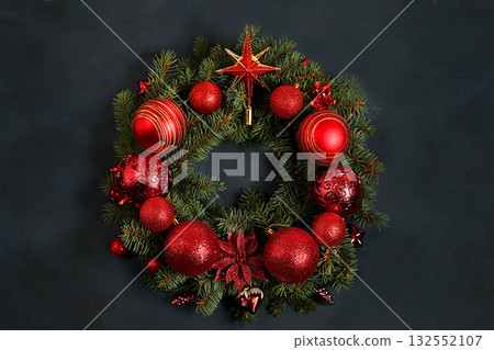 Christmas wreath made of live fir branches, toys and decorations, design template, Christmas composition and New Year 2026 concept, Beautiful holiday decoration, winter banner screen, holiday 132552107