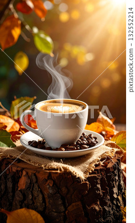 Steaming Autumn Cappuccino with Latte Art 132552214