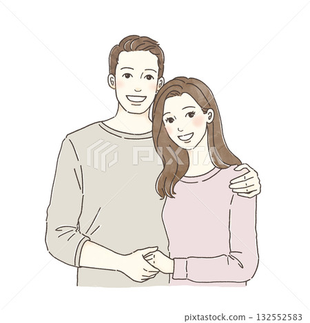 一對情侶親密擁抱的插畫 | 微笑，愛人，情侶，幸福，手繪人物素材 132552583