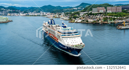 Cruise ship departing from Nagasaki Port (Celebrity Millennium) Panorama from Megami Ohashi Bridge [Nagasaki City] 132552641