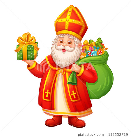 Happy Saint Nicholas holiday day. Cute St Nicholas Sinterklaas Christmas character hold children gifts bag, present box. Christian catholic religion Santa with kids surprise. Xmas celebration vector 132552719