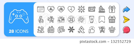 Secret gift, Shopping cart and Sunscreen line icons. Interest rate, AI generate, Inflation icons. Pack of Be true, Fireworks, Lake icon. Discounts cart, Sleep, Gamepad pictogram. Vector 132552729