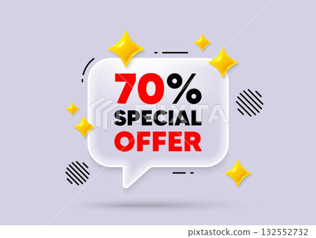 Discount chat speech bubble. Social media concept. 70 percent discount offer tag. Sale price promo sign. Special offer symbol. 3d sparkles chat bubble. Vector 132552732