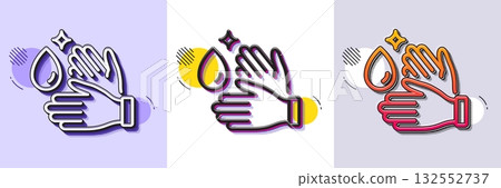 Wash hands line icon. Halftone dotted pattern. Gradient icon with grain shadow. Covid hygiene sign. Clean washing symbol. Line wash hands icon. Various designs. Vector 132552737