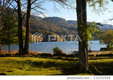The setting sun shining on the autumn leaves of Marunuma Lake The setting sun shining on the autumn leaves of Marunuma Lake 132552939