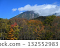 Mt. Nantai shrouded in clouds and a forest of autumn leaves 132552983