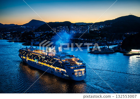 Nagasaki Port Cruise Ship Arrival (Star Navigator) Night View Illuminated from Megami Bridge [Nagasaki City] 132553007