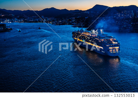 Nagasaki Port Cruise Ship Arrival (Star Navigator) Night View Illuminated from Megami Bridge [Nagasaki City] 132553013