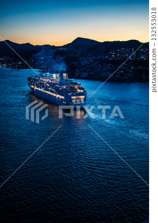 Nagasaki Port Cruise Ship Arrival (Star Navigator) Night View Illuminated from Megami Bridge [Nagasaki City] 132553018