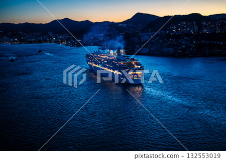 Nagasaki Port Cruise Ship Arrival (Star Navigator) Night View Illuminated from Megami Bridge [Nagasaki City] 132553019