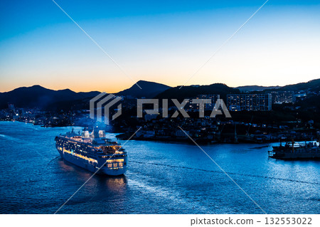 Nagasaki Port Cruise Ship Arrival (Star Navigator) Night View Illuminated from Megami Bridge [Nagasaki City] 132553022