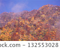 Fog covers the autumn foliage of the mountains 132553028