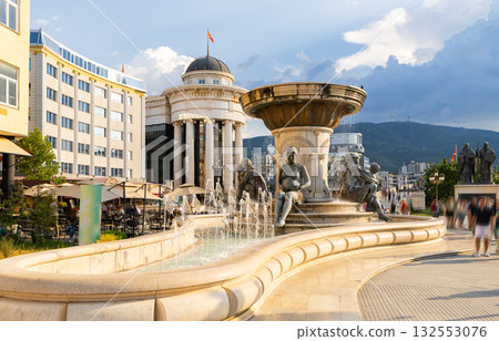 Central Skopje square with sculpted Olympia fountain in summer Central Skopje square with sculpted Olympia fountain in summer 132553076