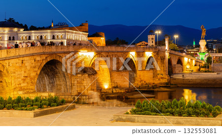 Historic Stone Bridge over Vardar River in Skopje on summer evening Historic Stone Bridge over Vardar River in Skopje on summer evening 132553081