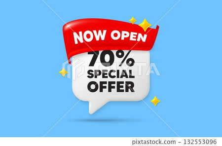 Discount chat speech bubble. Now open flag ribbon. 70 percent discount offer tag. Sale price promo sign. Special offer symbol. 3d sparkle stars speech bubble. Vector 132553096