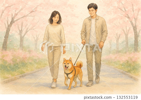 春天，一對日本夫婦和一隻紅色柴犬在一排櫻花樹旁漫步 132553119
