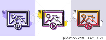 Start presentation line icon. Halftone dotted pattern. Gradient icon with grain shadow. Photo image thumbnail sign. Picture placeholder symbol. Line start presentation icon. Various designs. Vector 132553121