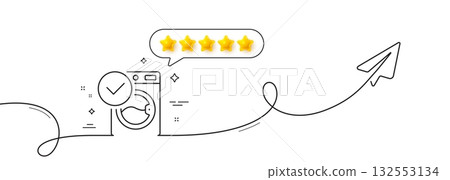 Washing machine line icon. Continuous line with share plane. Wash laundry sign. Washable cleaner symbol. Five star rate review in speech bubble. Washing machine single line ribbon. Vector 132553134