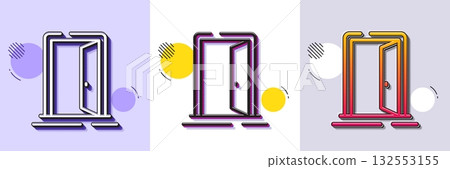 Open door line icon. Halftone dotted pattern. Gradient icon with grain shadow. Entrance doorway sign. Building entry symbol. Line open door icon. Various designs. Vector 132553155