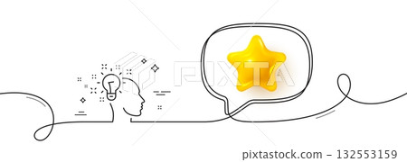 Idea line icon. Continuous line with 3d star. Human head with light bulb sign. Inspiration symbol. 3d star in speech bubble. Idea single line ribbon. Loop curve pattern. Vector 132553159