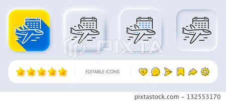 Select flight line icon. Neumorphic, Flat shadow, 3d buttons. Airplane with calendar sign. Airport flights symbol. Line select flight icon. Social media icons. Vector Select flight line icon. Neumorphic, Flat shadow, 3d buttons. Airplane with calendar sign. Airport flights symbol. Line select flight icon. Social media icons. Vector 132553170