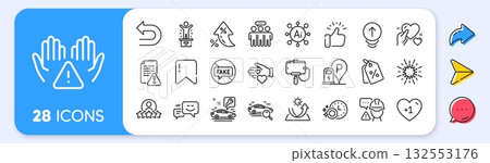 Search car, Clean hands and Swipe up line icons. Interest rate, AI generate, Inflation icons. Pack of Human rating, Undo, Discount tags icon. Car service, Coronavirus, Hold heart pictogram. Vector 132553176