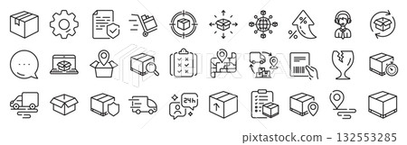 Logistics, Shipping document line icons. Settings gear, Message, Inflation icons. Set of Truck Delivery, Box and Checklist icons. Parcel tracking shipping, World trade logistics. Vector 132553285