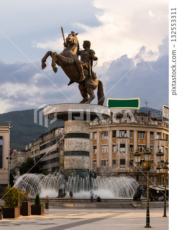 Statue of Alexander Great on horseback in Skopje main square 132553311