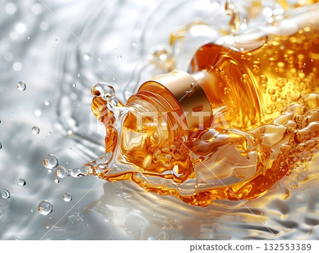 Golden serum in a glass dropper bottle with bubbles, water drops and bright reflections. Minimal luxury beauty concept Golden serum in a glass dropper bottle with bubbles, water drops and bright reflections. Minimal luxury beauty concept 132553389