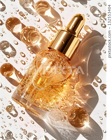 Golden serum in a glass dropper bottle with bubbles, water drops and bright reflections. Minimal luxury beauty concept Golden serum in a glass dropper bottle with bubbles, water drops and bright reflections. Minimal luxury beauty concept 132553404