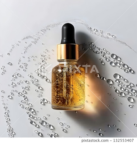 Golden serum in a glass dropper bottle with bubbles, water drops and bright reflections. Minimal luxury beauty concept Golden serum in a glass dropper bottle with bubbles, water drops and bright reflections. Minimal luxury beauty concept 132553407