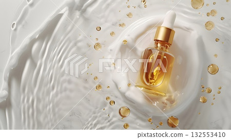 Golden serum in a glass dropper bottle with bubbles, water drops and bright reflections. Minimal luxury beauty concept 132553410