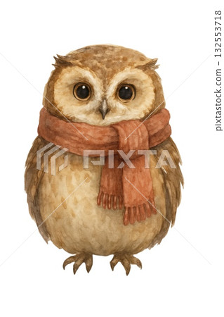 Adorable watercolor owl with cozy scarf on white background 132553718