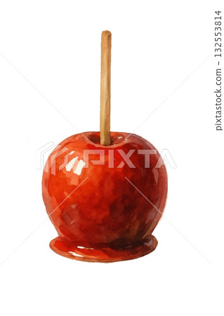 Watercolor candy apple on stick isolated on white background for autumn themes 132553814