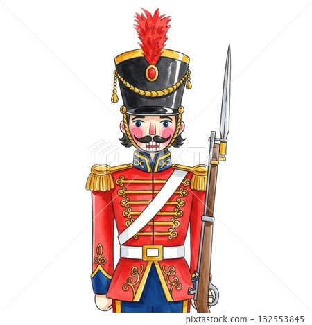 Festive nutcracker soldier with red uniform and tall hat holding a spear 132553845