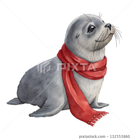 Adorable seal with red scarf in cute winter illustration 132553860
