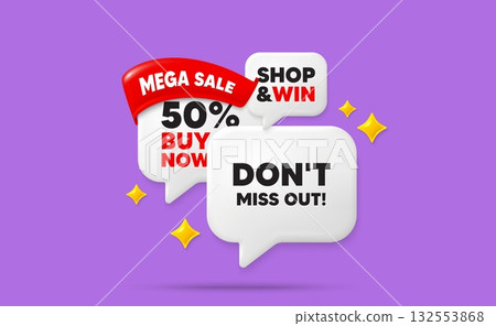 Miss out speech bubbles. Mega sale flag ribbon. Dont miss out tag. Special offer price sign. Advertising discounts symbol. Discount chat bubbles with 3d sparkles. Vector Miss out speech bubbles. Mega sale flag ribbon. Dont miss out tag. Special offer price sign. Advertising discounts symbol. Discount chat bubbles with 3d sparkles. Vector 132553868