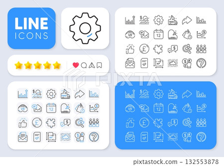 Chemistry lab, Mail correspondence and Annual calendar line icons for web app. Message, Share, Like social media icons. Pack of Checked file, Floor plan, Question mark pictogram icons. Vector 132553878