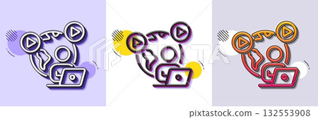 Video conference line icon. Halftone dotted pattern. Gradient icon with grain shadow. Online meeting sign. Start presentation symbol. Line video conference icon. Various designs. Vector 132553908