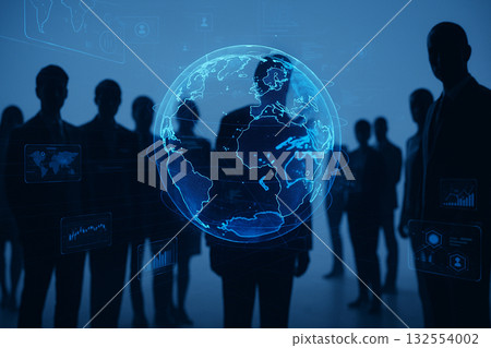 AI generated realistic image of business people silhouettes with glowing digital earth and futuristic data interface symbolizing global connectivity collaboration technology and innovation AI generated realistic image of business people silhouettes with glowing digital earth and futuristic data interface symbolizing global connectivity collaboration technology and innovation 132554002