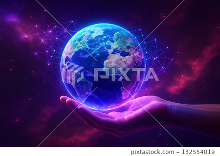 AI generated ultra realistic artwork of glowing Earth in human hand with purple pink blue cosmic energy and digital network symbolizing universal connection future and imagination AI generated ultra realistic artwork of glowing Earth in human hand with purple pink blue cosmic energy and digital network symbolizing universal connection future and imagination 132554019