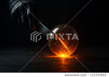AI generated ultra realistic fantasy scene with a gloved hand slicing a glowing crystal orb bursting with fiery light symbolizing mystical energy magic and hidden power AI generated ultra realistic fantasy scene with a gloved hand slicing a glowing crystal orb bursting with fiery light symbolizing mystical energy magic and hidden power 132554091