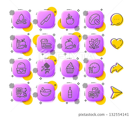 Knife, Ice cream and Leaf line icons. App 3d buttons. Social media comment, share, like icons. Pack of Wine bottle, Soy nut, Eco food icon. Food time, Water splash, Apple carrot pictogram. Vector 132554141