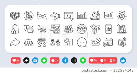 Loyalty points, Statistics timer and Software bug line icons pack. Social media: share, comment, like icons. Donation money, Difficult stress, Chart web icon. Robbery, Card, Budget pictogram. Vector 132554142