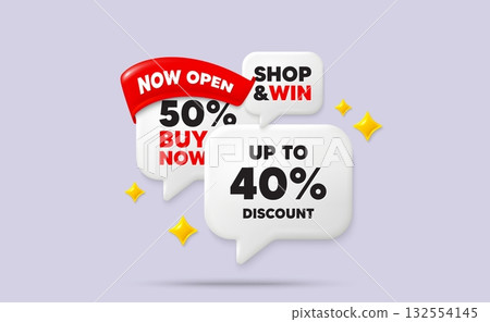 Discount tag speech bubbles. Now open flag ribbon. Up to 40 percent discount. Sale offer price sign. Special offer symbol. Save 40 percentages. Discount chat bubbles with 3d sparkles. Vector 132554145